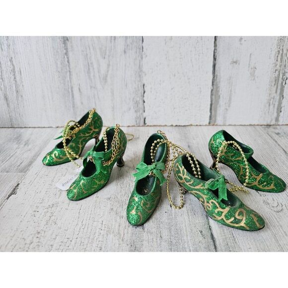 Green glitter stiletto shoe heel ornament set Xmas vintage tree gold glitter spa - Picture 1 of 12